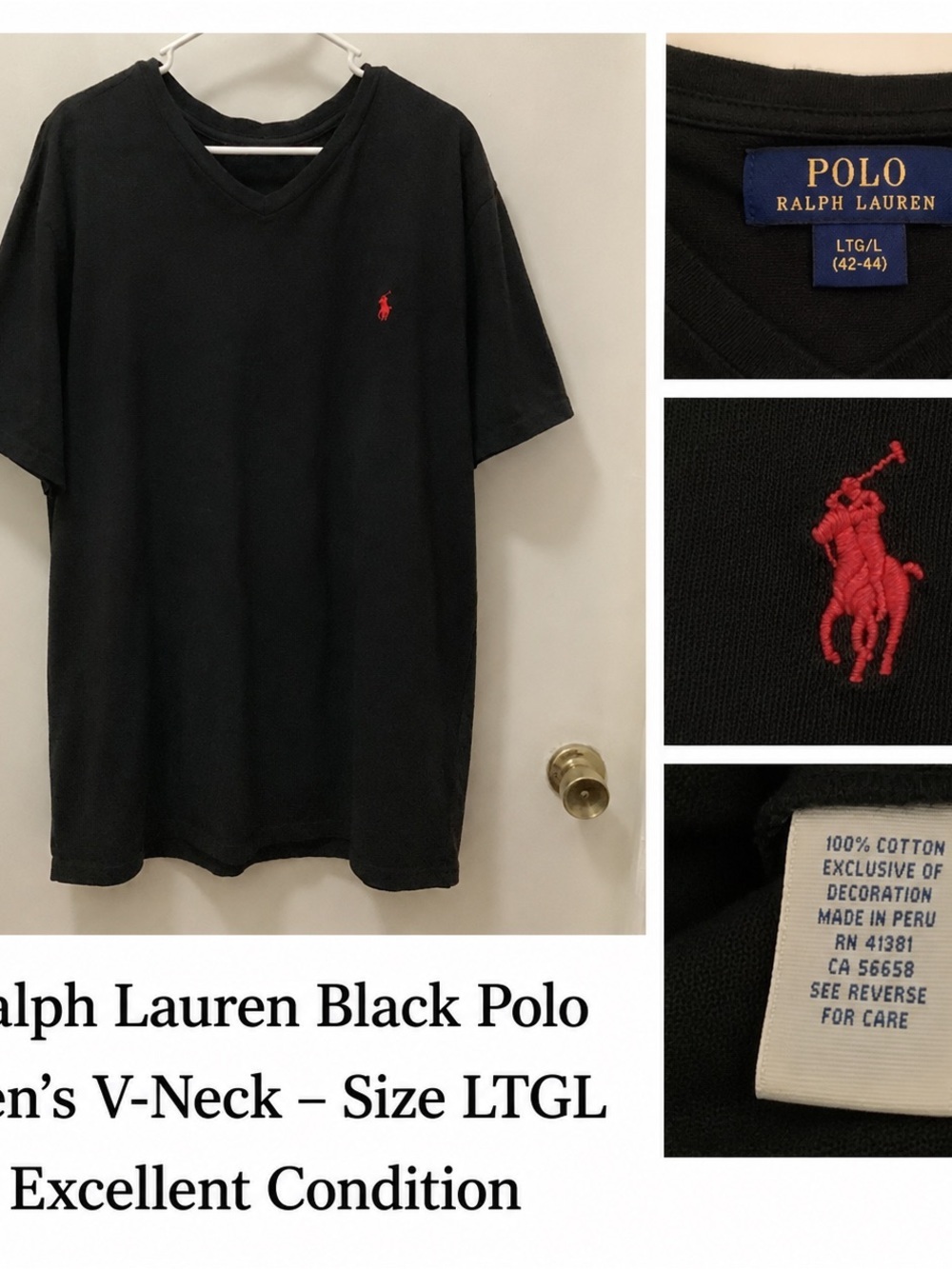 Polo Ralph Lauren Black V-Neck T-Shirt LTG Tall Large Red Pony